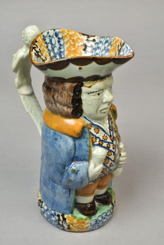 Yorkshire pottery toby jug with caryatid handle, c.1800