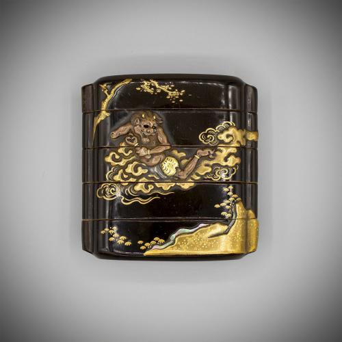 A Remarkable Early Metal Inlaid Lacquer Inro
