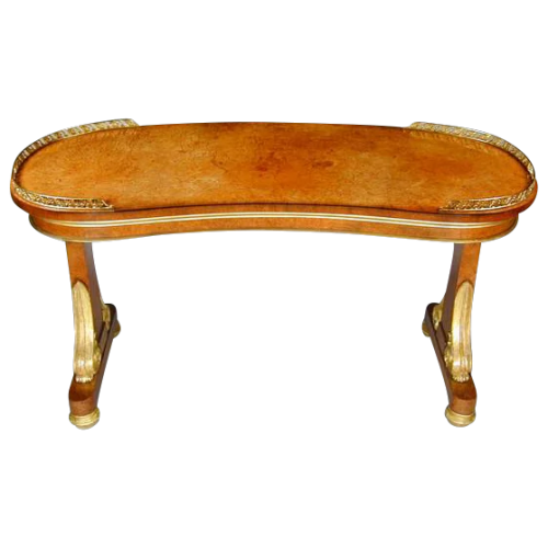 Regency Amboyna and Giltwood Kidney Shaped Writing Table in the manner of Seddon and with Gilt Metal Gallery (c. 1815 England)