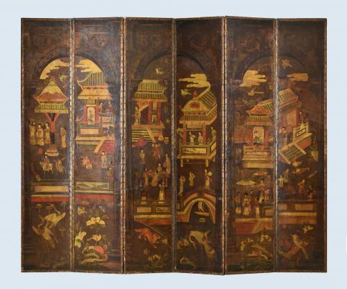 A tall and impressive Anglo Dutch leather six-fold screen decorated with Chinoiserie scenes, c.1750