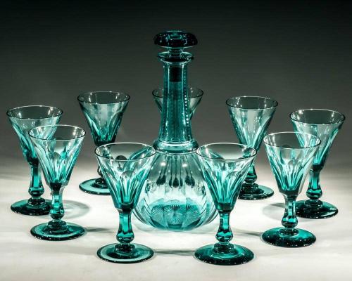 Green Globe Decanter with Nine Matching Glasses