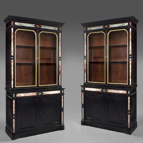 A Pair of Napoleon III Ebony and Pietre Dure Bookcases