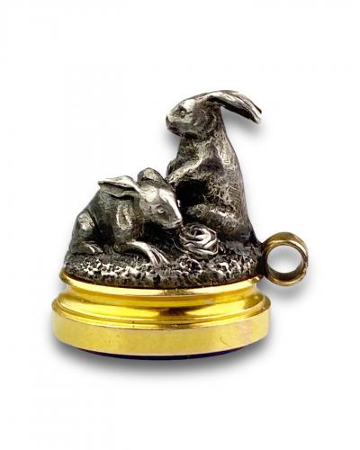 Silver and gold fob seal with a sculpture of Rabbits. Austrian, 19th century