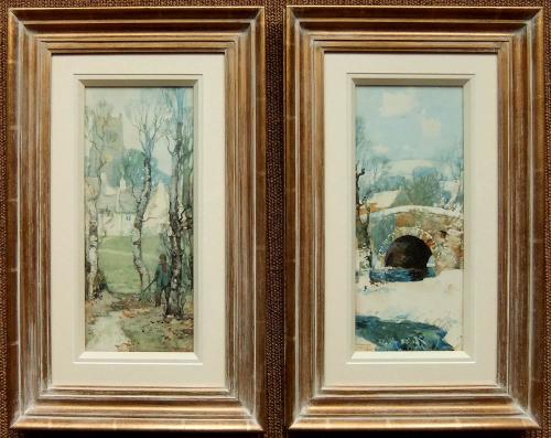 Stanley Royle "The Sportsman" and "The Bridge in Winter" pair watercolour paintings