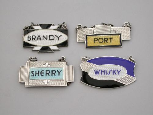 Set 4 Art Deco Silver & Enamel Wine Labels Sherry * Brandy * Port * Whisky