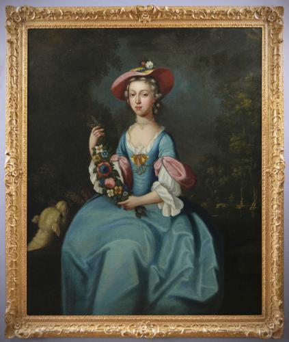 Large scale portrait oil painting of a lady with a lamb, C1740, attributed to Arthur Pond
