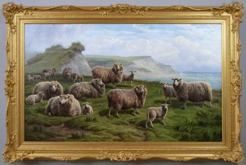 Exhibition size landscape oil painting of Sheep on a cliff top by Charles Jones