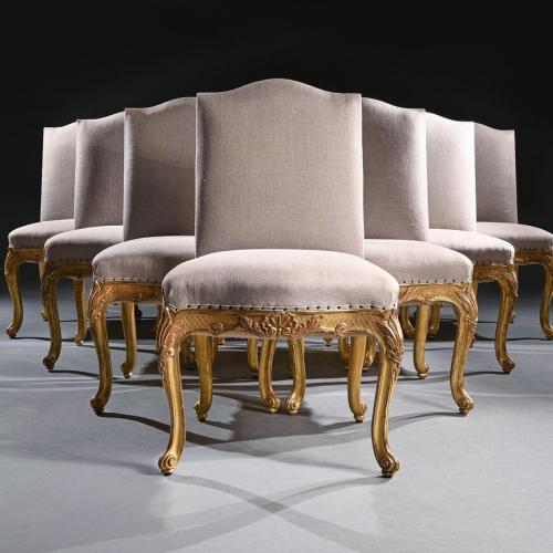 Set of 12 French Louis XV Style Giltwood Dining Chairs