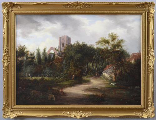 Landscape oil painting of figures walking in a lane near Abbey ruins by Edward Williams
