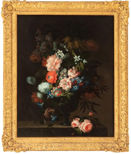 Pieter Hardime, Tulips, carnations, chrysanthemums and other flowers in a glass vase with roses on a stone ledge