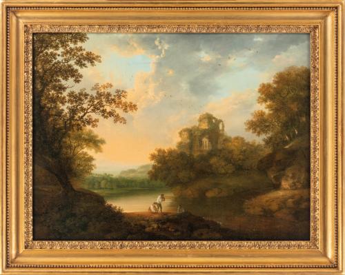 George Smith of Chichester, Figures by a river in a landscape with classical ruins beyond