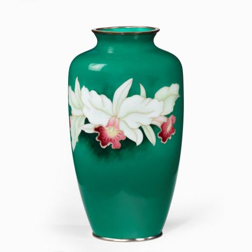 Showa period tall deep green ground cloisonne vase