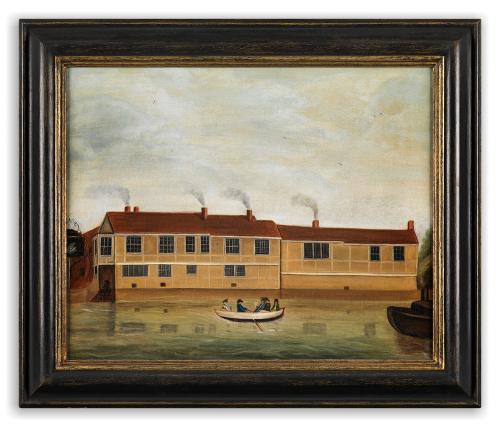 A Fine Pair of Naive Topographical Landscapes Depicting "The Old Swan" in Bedford from Front and Back Oils on Canvas English, c.1850
