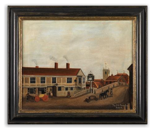 A Fine Pair of Naive Topographical Landscapes Depicting "The Old Swan" in Bedford from Front and Back Oils on Canvas English, c.1850