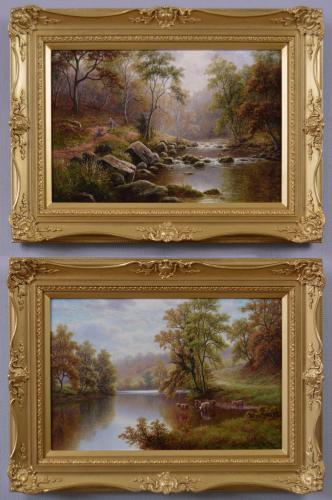 Pair of Yorkshire river landscape oil paintings by William Mellor