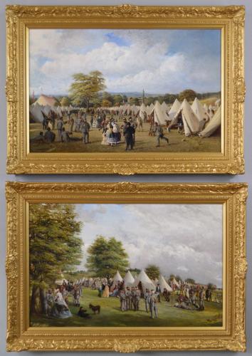 Pair of military landscape oil paintings of volunteer rifle soldiers by Frederick Henry Howard Harris