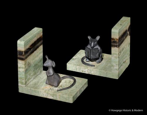 Art Deco marble and bronze mouse sculpture bookends