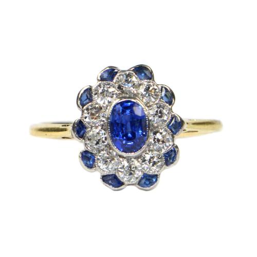 Edwardian Sapphire and Diamond Fancy Cluster Ring circa 1925