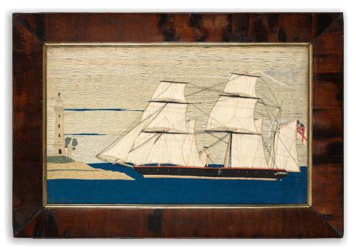 Delightful Large Sailorwork Naive Ship Portrait Depicting a Fully Rigged Ship Before a Lighthouse Embroidered Coloured Wools and Thread in Historic Frame English, c.1860