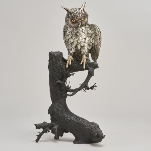 A charming life-sized Silvered Bronze Okimono of an owl on a gnarled tree stump