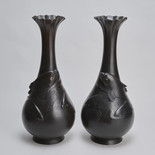 Japanese Bronze vases depicting carp