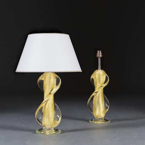 Pair of Gold Spiral Murano Glass Lamps