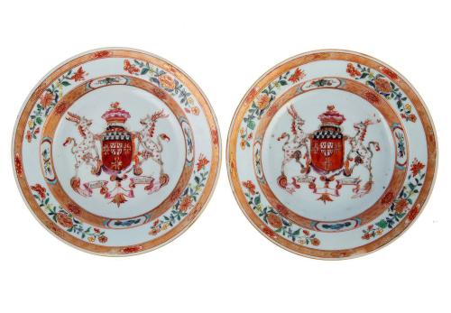 Kangxi Period Chinese Export Armorial Porcelain Plates with the arms of Verney impaling Heath