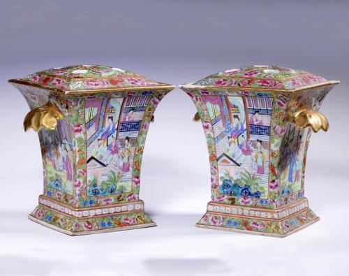 Chinese Export Porcelain Rose Medallion Bough Pots & Covers, Circa 1860.