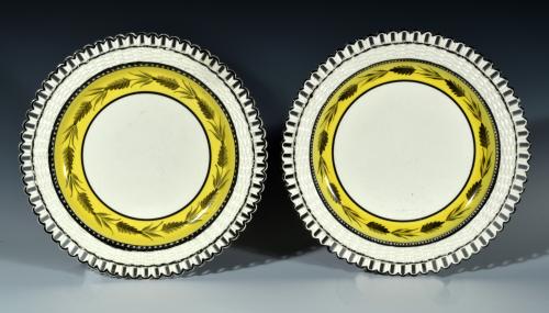 Antique English Pottery Yellow-banded Openwork Creamware Dessert Dishes, Probably Herculaneum, Liverpool