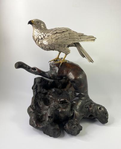 Striking Japanese silvered bronze okimono of a hawk