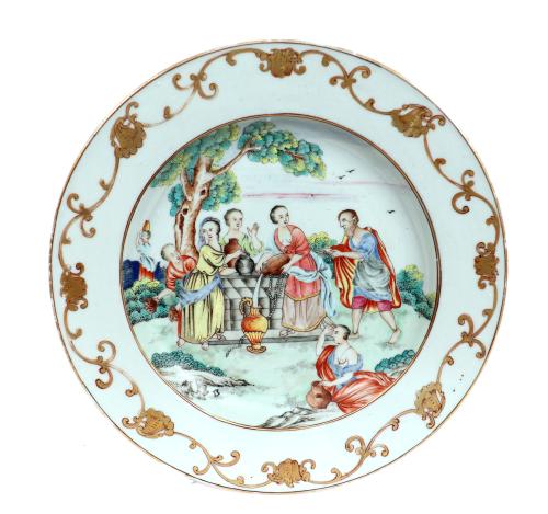 Chinese Export Porcelain Biblical Plate, "Rebecca at the Well", 1760-65