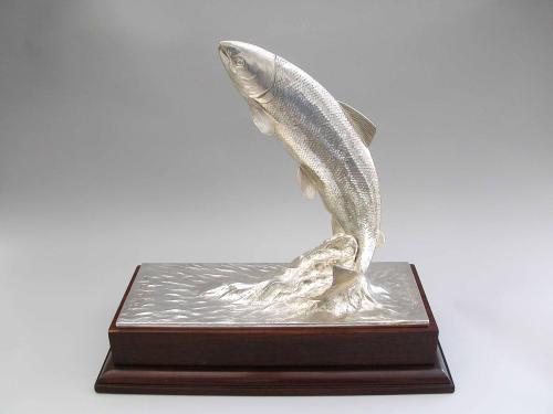Modern Silver Sculpture Leaping Salmon