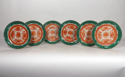 Chinese Export Porcelain Green & Orange Fitzhugh Plates, Set of Six,