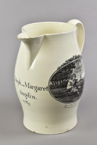 English creamware transfer printed jug inscribed and dated 1789