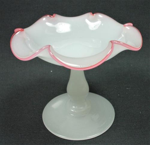 White opaline glass tazza with pink cane rim, France circa 1860