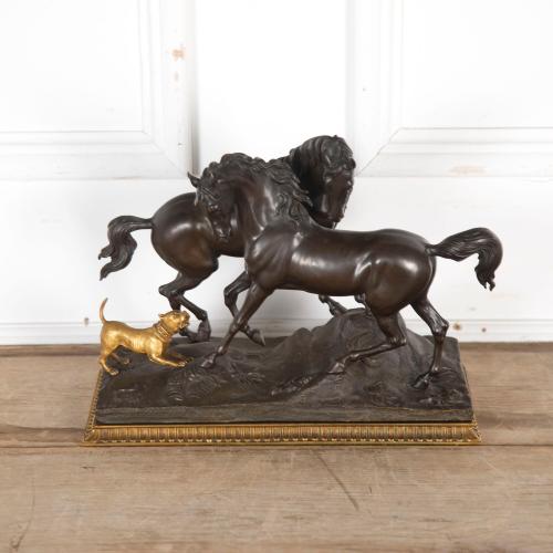 20th Century Bronze Group of Two Horses and a Dog after P.J. Mene