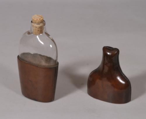 S/5375 Antique Early 19th Century Glass Spirit Flask within a Stitched Leather Case