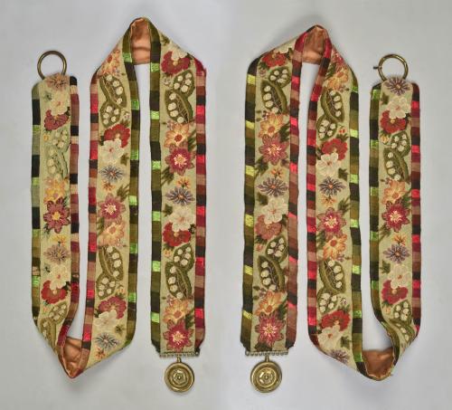 Pair Victorian woolwork bell pulls, c.1850