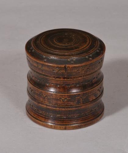 S/5429 Antique Treen 19th Century Three Section Circular Birch Spice Box