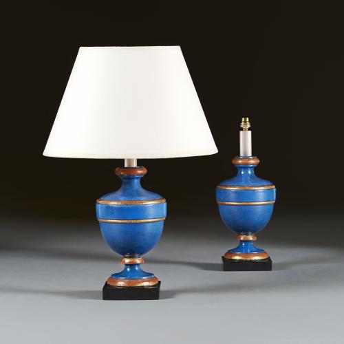 A Pair of Blue Painted Candlestick Lamps