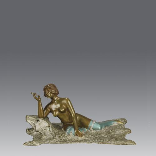 Early 20th Century Cold-Painted Bronze entitled "Lady on Bear Skin" by Toni Fiedler