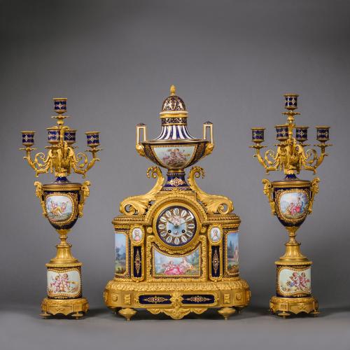 Porcelain Three-Piece Clock Garniture