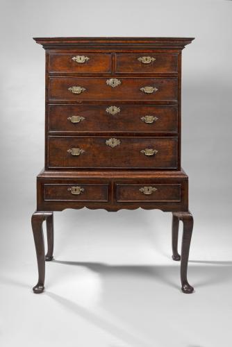 George I oak and burr yew chest on stand
