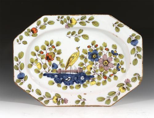 English Liverpool Delftware Fazackerly Large Dish with Bird, Circa 1760