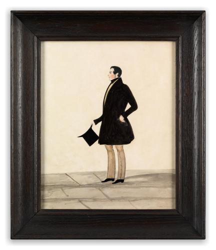 19th Century English Naïve School Miniature  Depicting a Man in a Black Coat Holding a Top Hat Pen, Ink and Watercolour on Paper 