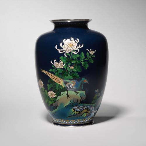 Japanese cloisonné enamel vase with pheasants signed Ando Jubei, Taisho Period