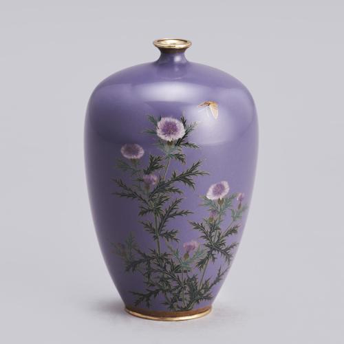 Japanese cloisonné enamel vase with thistles signed Ando Jubei, Meiji Period