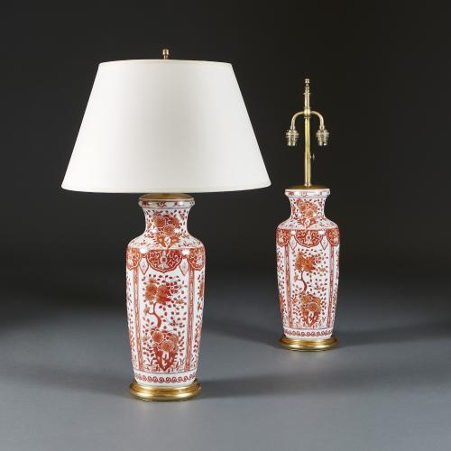 A Pair of 19th Century Coral Chinese Vases now as Lamps