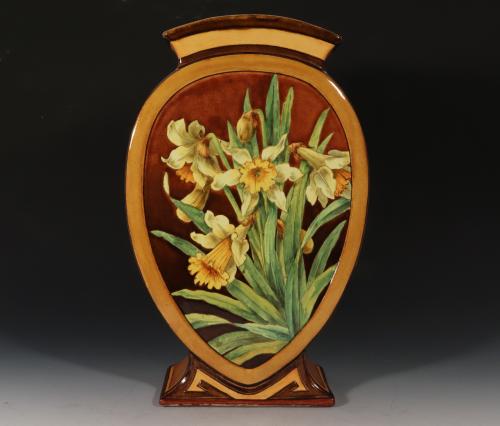 Doulton Faience Shaped Botanical Pottery Vase, Aesthetic Movement, Signed by Artist Mary M Arding, Early 1880s
