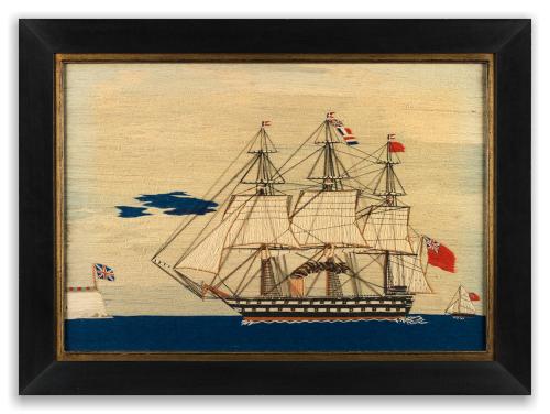 Depicting a Three Masted Ship of the Line  Steaming Towards a Fortified Headland Embroidered Coloured Wools and Thread  English, c.1870